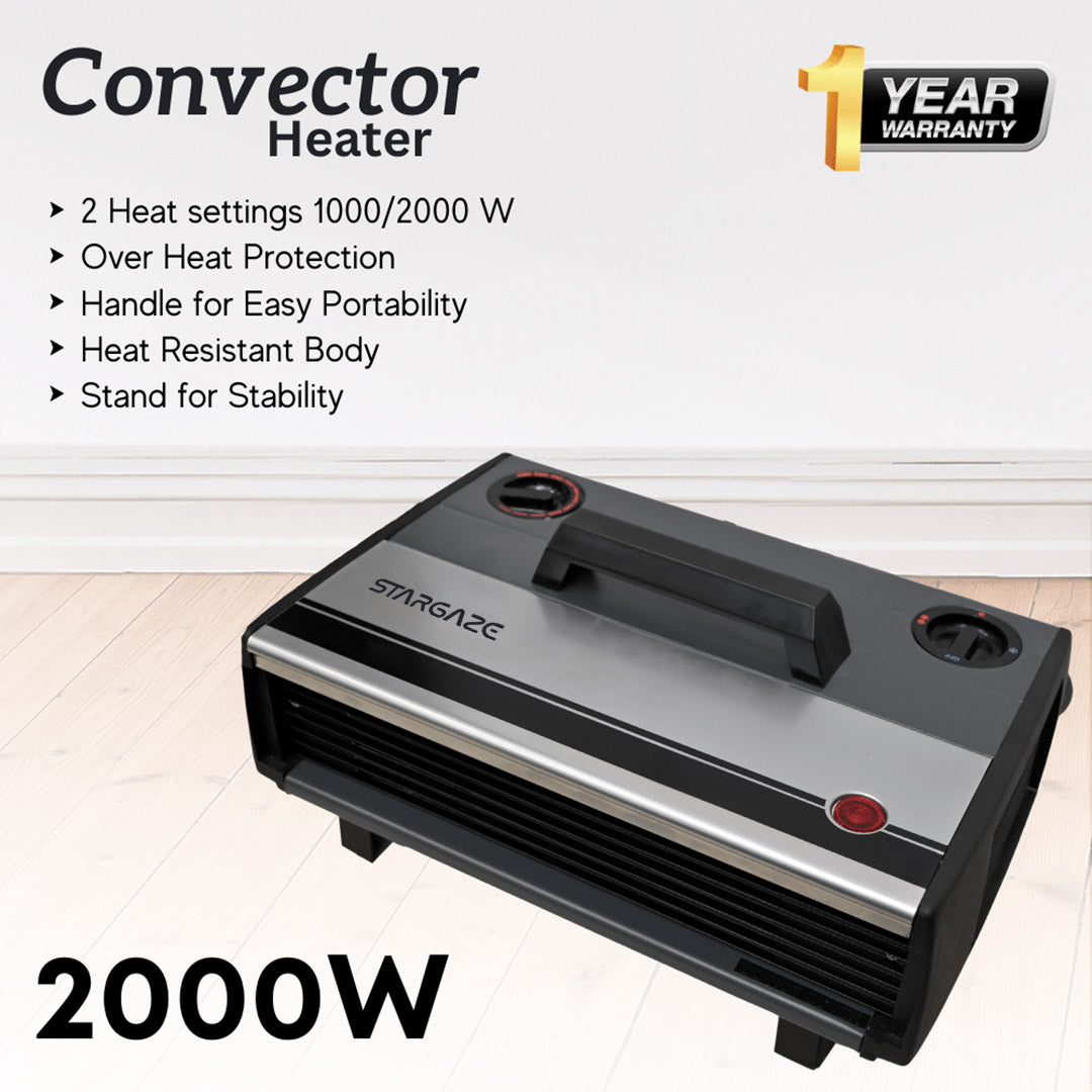 Convector Heater with an adjustable thermostat and two heat settings (1000 W/ 2000 W)