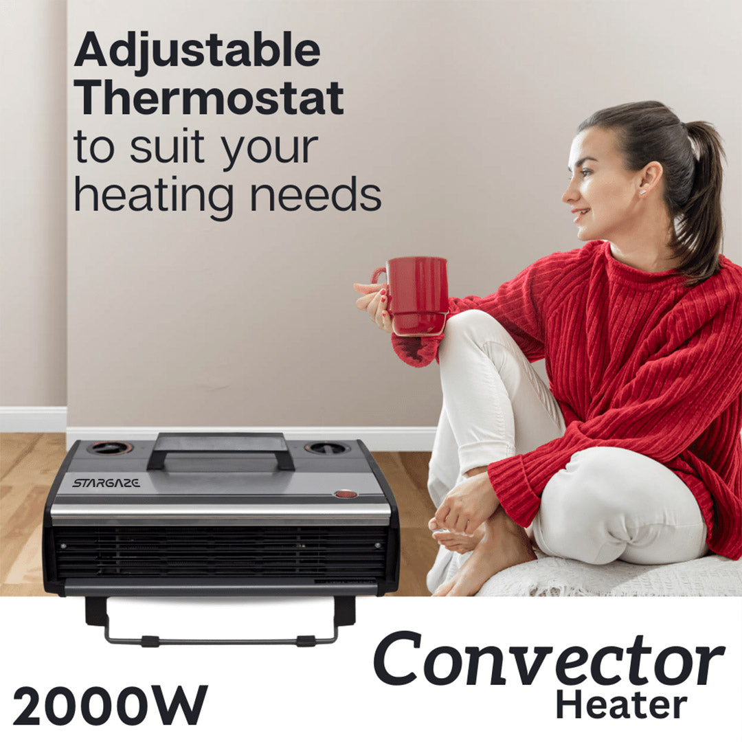 Convector Heater with an adjustable thermostat and two heat settings (1000 W/ 2000 W)