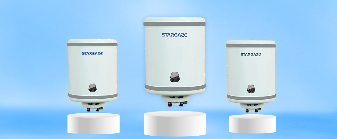 Three Stargaze water heaters of different sizes on a blue background